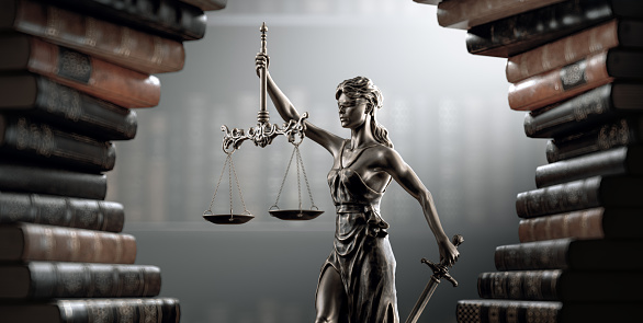 Themis Statue of justice Law Legal System Justice Crime concept. 3d render.