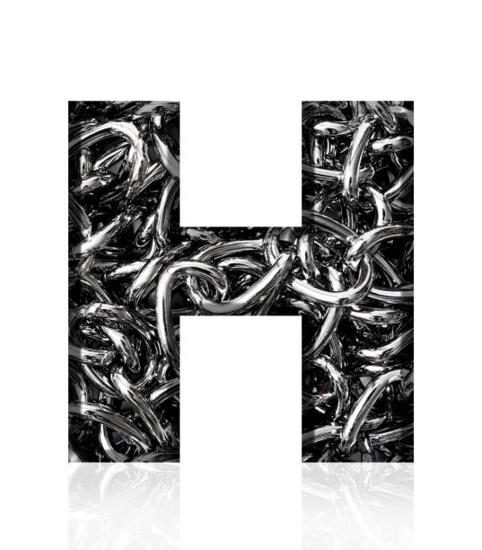 흰색 배경에 3 차원 실버 체인 알파벳 문자 h의 고립 된 샷 - letter h alphabet metal three dimensional shape 뉴스 사진 이미지