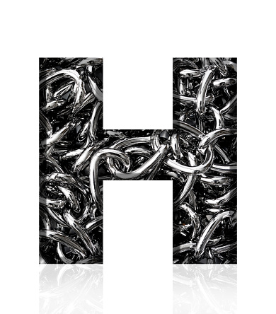 Close-up of three-dimensional silver chain alphabet letter H on white background.