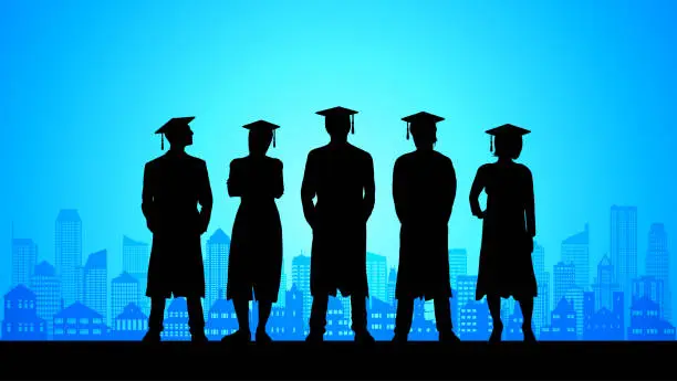 Vector illustration of Graduates in the City Silhouette