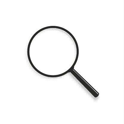 Realistic black magnifying glass. Magnification lens isolated on white background. 3d Vector object illustration. Transparent shadow effect. Research, science, study concept