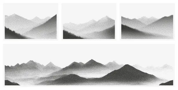 Vector illustration of Dotwork hills, nature grain patterns set. Abstract black white background. Mountain peak landscape, dot grunge effect. Noise halftone gradient texture. Stipple style duotone