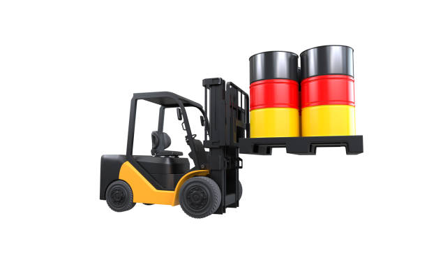 istock Forklift lifting fuel tank with Germany flag on white background 1994062499