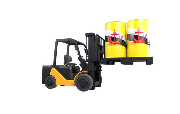 istock Forklift lifting fuel tank with Brunei flag on white background 1994065569