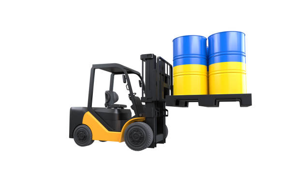 istock Forklift lifting fuel tank with Ukraine flag on white background 1994069717