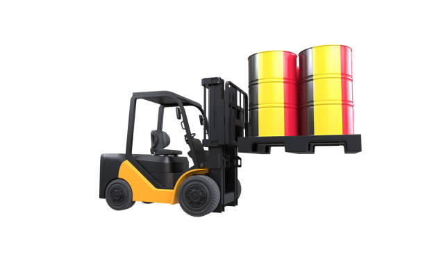istock Forklift lifting fuel tank with Belgium flag on white background 1994071248