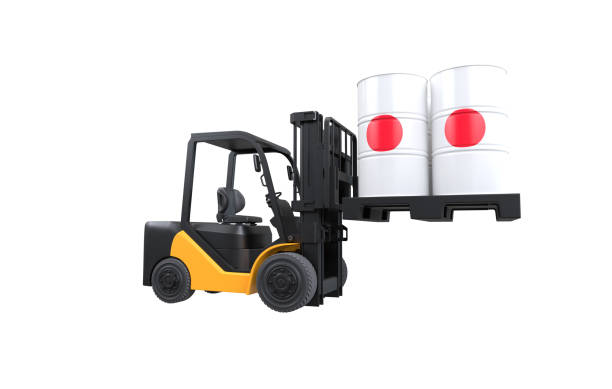istock Forklift lifting fuel tank with Japan flag on white background 1994071751