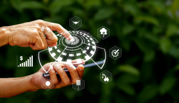 istock Holographic index finger to command, connect, work, and soil on the hand. A future form of agricultural technology. 1994120056
