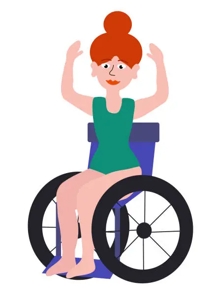Vector illustration of Body positive concept. Woman with Disability on wheelchair. Happy redhead Girl in swimsuit. Cartoon flat vector illustration.
