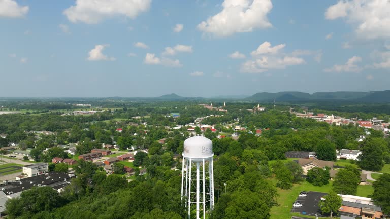 American water tower in old town Berea, Kentucky with logo Where art's alive. Historical American city architecture. Old city in Madison County, USA