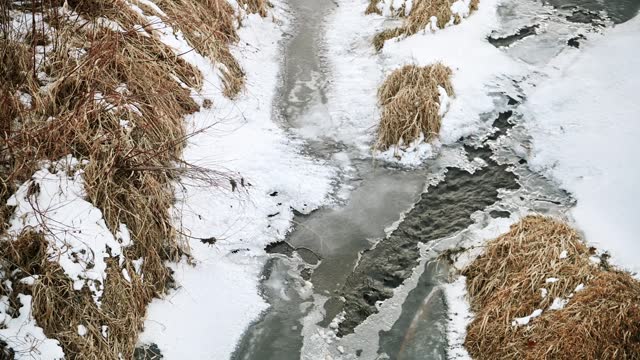 Video of Overhead View of Frozen Winter Stream with Snow in Denver Colorado
