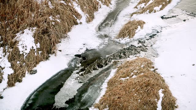 Video of Overhead View of Frozen Winter Stream with Snow in Denver Colorado