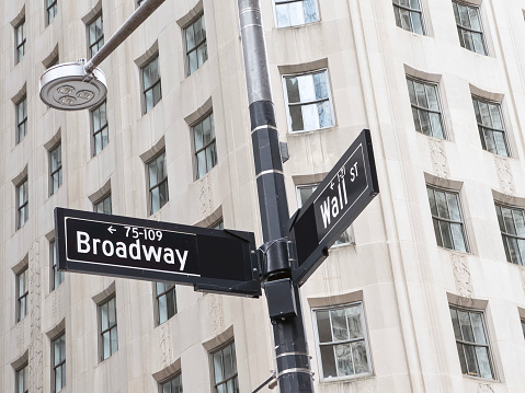 Wall street and Broadway road sign in New York City