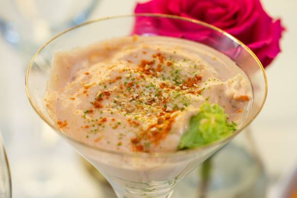vegetable salad with almond cream, peach ice cream