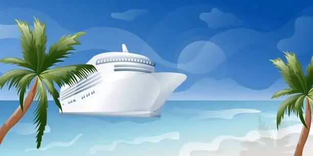 Vector illustration of Cruise liner, tourist vacation, sea trip,summer luxury resort. Template for business cards, banners, invitations. Tourist vacation, travel. Summer, beach, sea, ship.