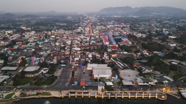 Aerial View Of Small City At Dusk, Kanchanaburi Province, Thailand