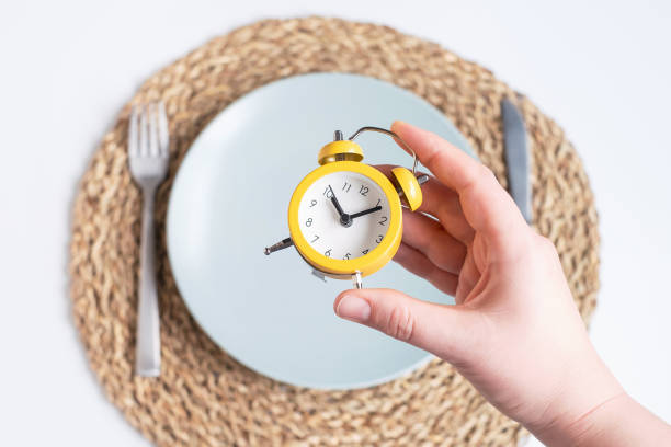 istock Female hand puts an alarm clock on an empty plate on white background, intermittent fasting concept. 1994202844