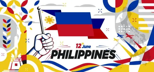 Vector illustration of Philippines national day banner design. Independence day design for Philippines. Filipino flag and map theme background. Modern abstract geometric retro shapes illustration