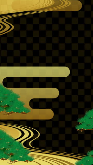 Japanese style background. Vertical illustration video of pine, haze and golden background