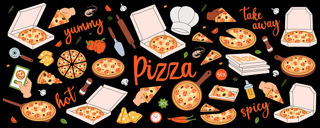 Fresh pizza set. Traditional italian fast food. Restaurant cafe menu. Whole and pieces italian pizza. Vector illustration. Isolated on black background.