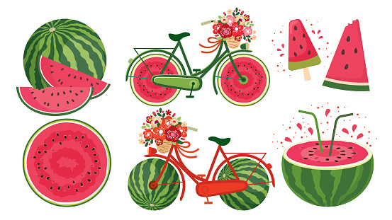 A set of juicy illustrations with watermelons and a bicycle. A whole watermelon, slices, ice cream, a bicycle on watermelon wheels and more. Illustrated vector clipart.