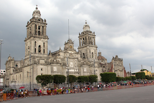 Catholic orange church and the street in Valladolid town, Mexico