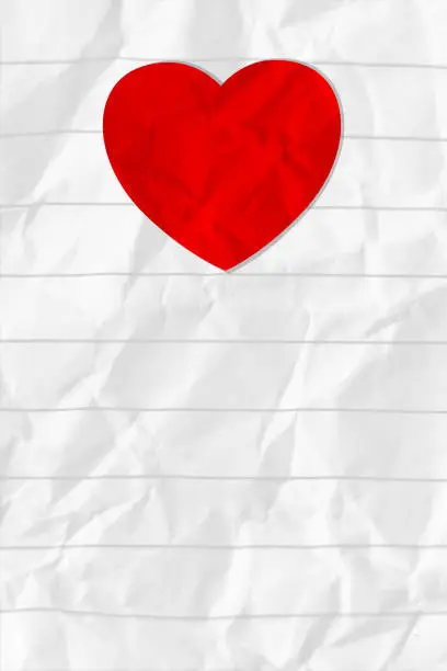 Vector illustration of One big vibrant solid red colored heart shape over plain white coloured textured crumpled white line page paper vector valentine love theme vertical backgrounds with folds and creases