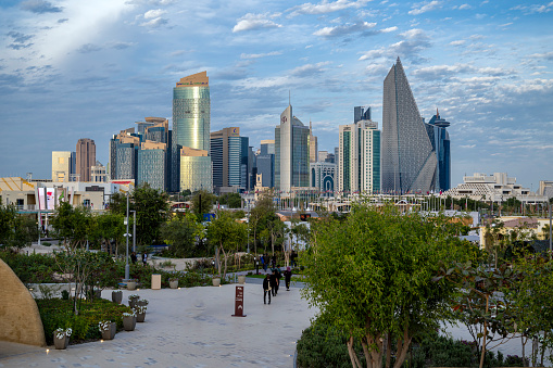Doha, Qatar - January 04, 2024: Beautiful Sunset Aerial view of Dafna area west bay Doha.