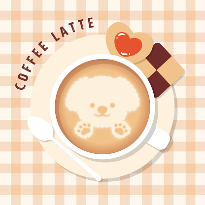 vector background with a cup of coffee with puppy latte art and cookies on a table for banners, cards, flyers, social media wallpapers, etc.