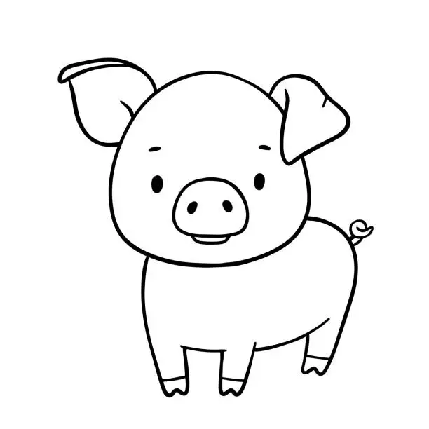 Vector illustration of Cute outline piglet character. Hand drawn illustration isolated on white background. Funny Farm animal for coloring book