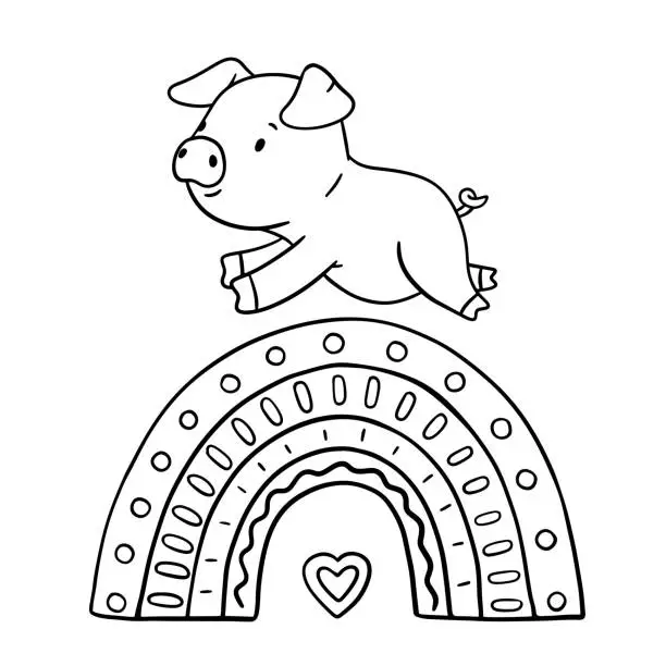 Vector illustration of Cute outline piglet character jumping rainbow. Hand drawn illustration isolated on white background. Funny Farm animal for coloring book