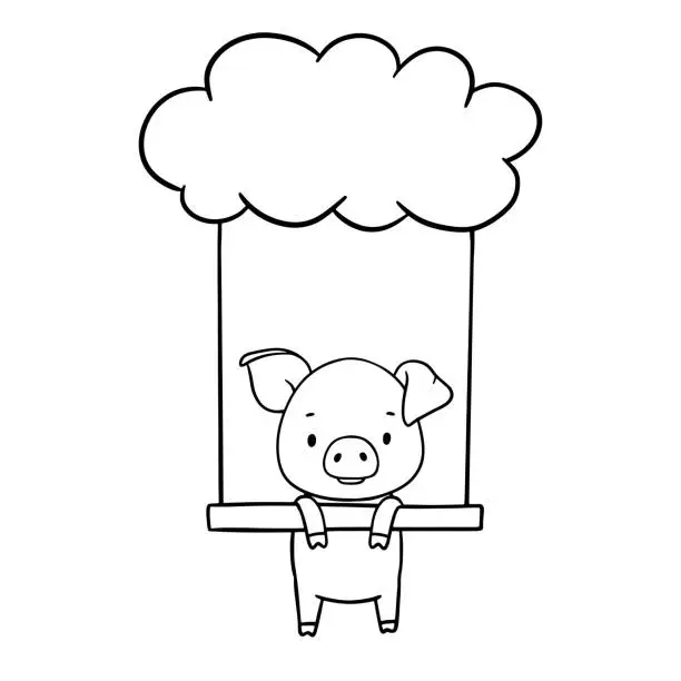 Vector illustration of Cute outline piglet character on swing. Hand drawn illustration isolated on white background. Funny Farm animal for coloring book