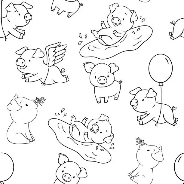 Vector illustration of Seamless pattern with cute outline piglet character with wings and balloon. Hand drawn illustration isolated on white background. Funny Farm animal