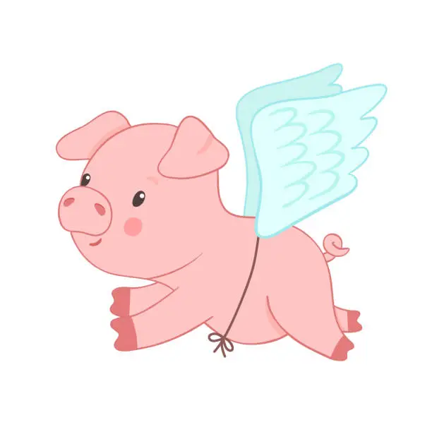 Vector illustration of Cute piglet character flying with wings. Hand drawn vector illustration isolated on white background. Funny Farm animal for kids