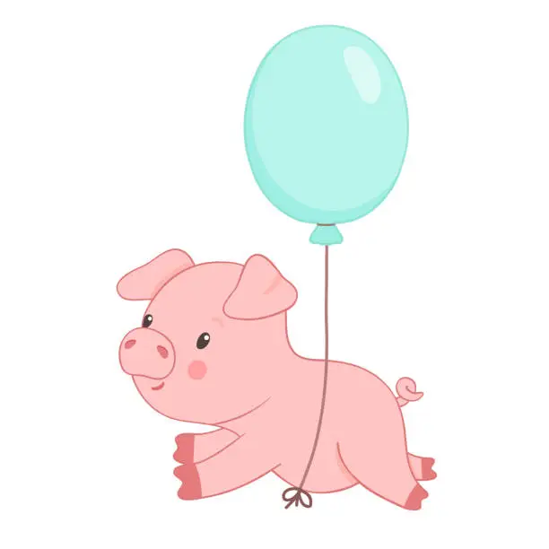 Vector illustration of Cute piglet character flying with balloon. Hand drawn vector illustration isolated on white background. Funny Farm animal for kids