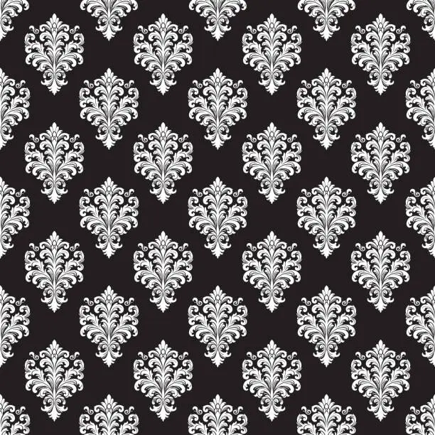 Vector illustration of Damask Fabric textile seamless pattern Luxury decorative  Ornamental white elemennt on black background. Square style. Curtain, carpet, wallpaper, tile, wrapping, textile