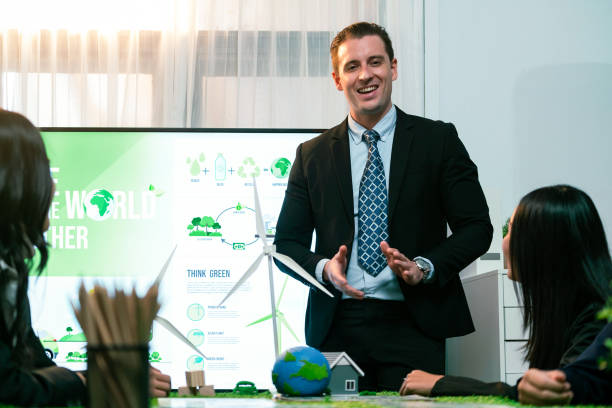 Businessman leader give presentation on eco-friendly implementation. Quaint