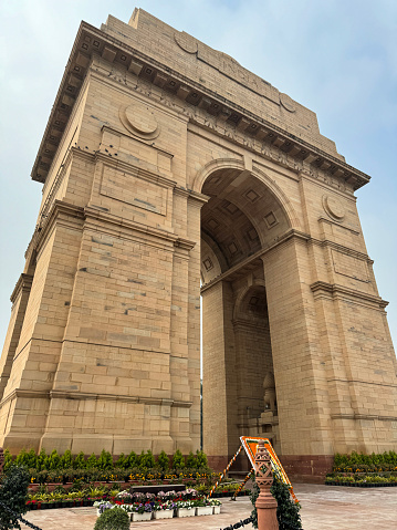 Stock photo showing close-up view of the India Gate, originally called the All India War Memorial, in New Delhi, India.