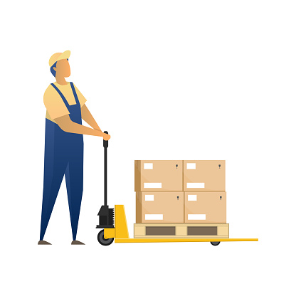 A man with a manual forklift with a pallet of boxes on it. Vector illustration