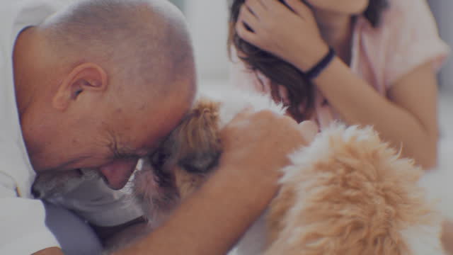 Grandfather with granddaughter and his dog