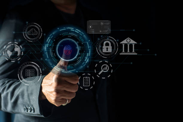 istock Businessman protecting personal data on finger print with virtual screen interfaces. scanning and biometric authentication, Cyber security and privacy concepts to protect data. 1994392872