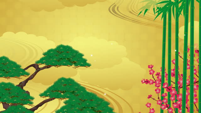 Japanese style background. Illustration of golden background with pine, bamboo, plum and clouds