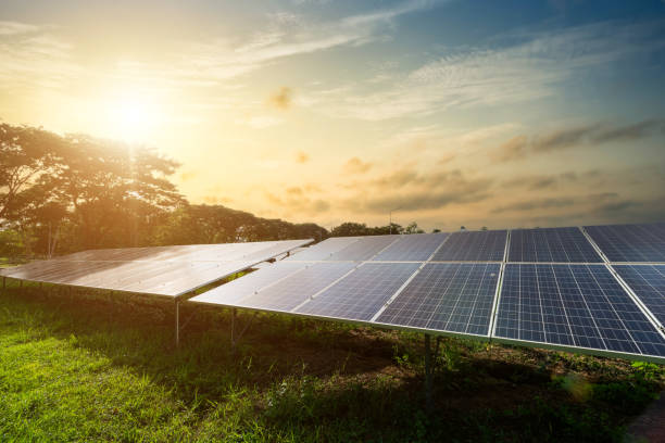 istock Photovoltaic modules solar power plant on dramatic sunset sky background,clean Alternative power energy concept. 1994413492