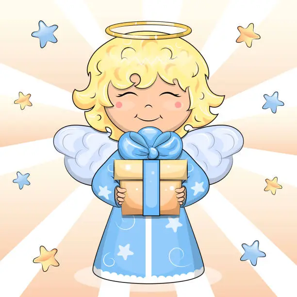 Vector illustration of Cute cartoon angel holding a gift.