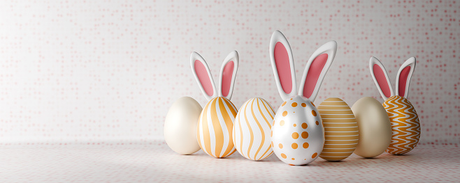 Easter banner design. Group of 3d realistic bunny ears and gold eggs with copy space. Web header design. 3d rendering.