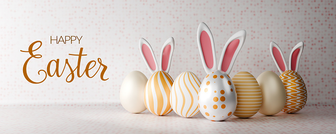 Happy easter banner design. Group of 3d realistic bunny ears and gold eggs with greeting text. Web header design. 3d rendering.
