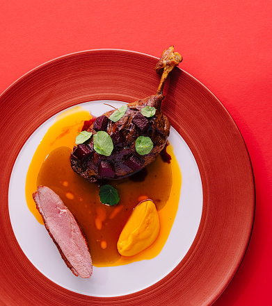 duck leg with pumpkin puree on red plate