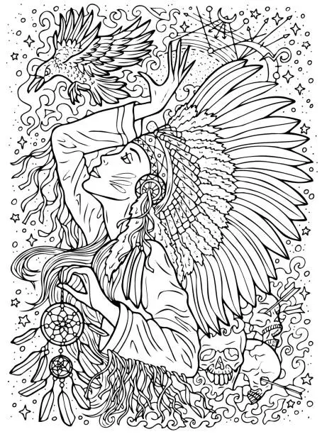 Vector illustration of Fantasy engraved illustration with beautiful American Indian woman as witch or magician for coloring page. Hand drawn graphic line art with ethnic concept as tattoo, poster or card.