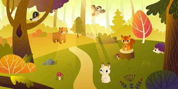 Vector illustration of Cartoon autumn forest with cute animals. Cute vector fall woodland landscape with baby animals.