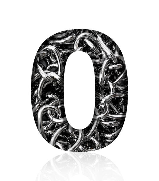 Close-up of three-dimensional silver chain number Zero on white background.
